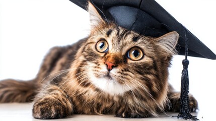 Cat wearing a graduation cap celebrates achievement while posing for a funny portrait against a plain background