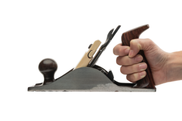 hand holding a wooden smoothing plane . Isolated on transparent background, png
