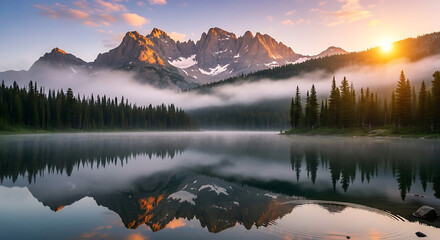 Ultra realistic mountain landscape with sunrise, fog, pine trees, and reflective lake surface