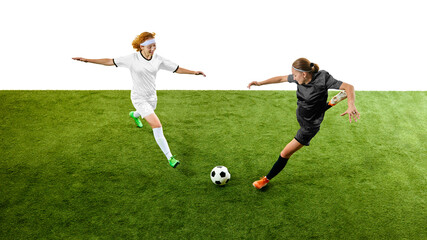 Female footballers rushing toward ball in high-speed competitive moment. Concept of match coverage, sports advertising, youth training programs, team motivation.