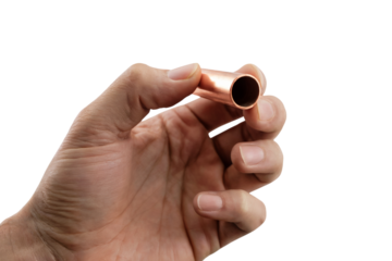 hand holding a copper pipe tube detail . Isolated on transparent background, png