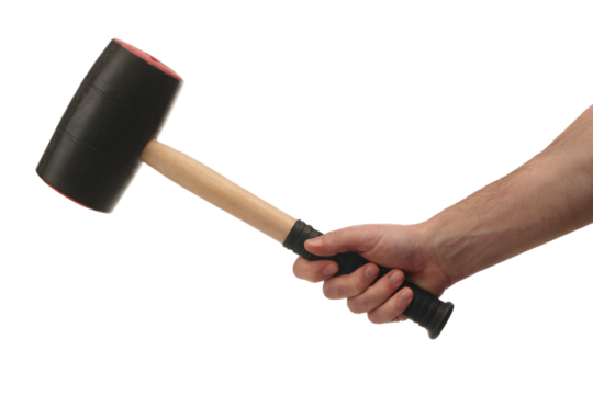 Man's hand holding a rubber mallet . Isolated on transparent background, png