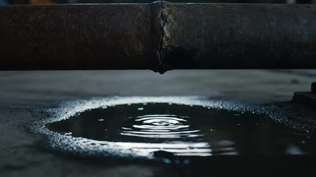 Leaky rusty metal pipe dripping water into a dark puddle, creating ripples on the water surface, close up industrial infrastructure footage.