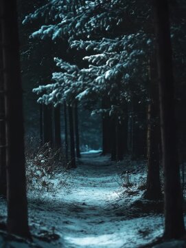 Snowy forest path illuminated by moonlight leading into the deep woods at night