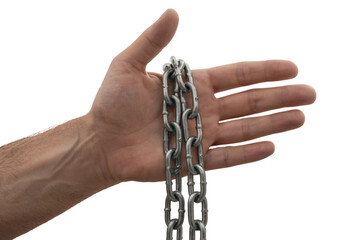 hand holding a shiny metal chain. . Isolated on transparent background, png