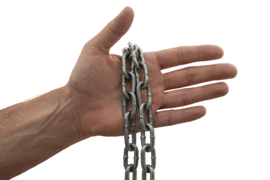hand holding a shiny metal chain. . Isolated on transparent background, png