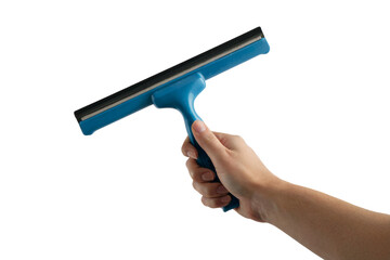 hand holding a window squeegee with a blue handle. . Isolated on transparent background, png