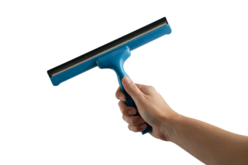 hand holding a window squeegee with a blue handle. . Isolated on transparent background, png