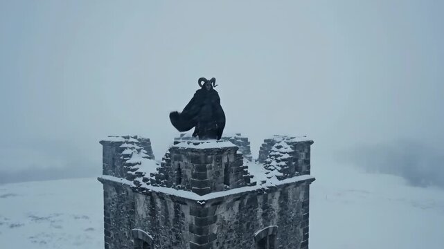 A horned creature in a black cape standing on a snowy stone castle tower during a winter storm, fantasy and mythology footage.