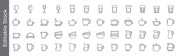 Mega collection of Drinkware and tableware line icon set – editable outline symbols of glass, cup, mug, bowl, jug and teapot