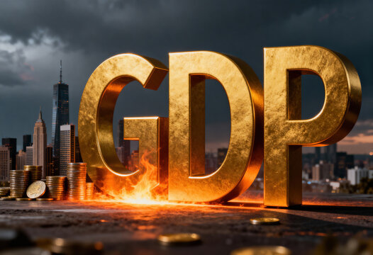 Large golden GDP text with flames on ground, iconic New York City skyline and dark clouds, symbolizing financial instability and market analysis