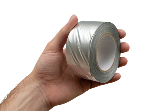 hand holding a roll of duct tape . Isolated on transparent background, png