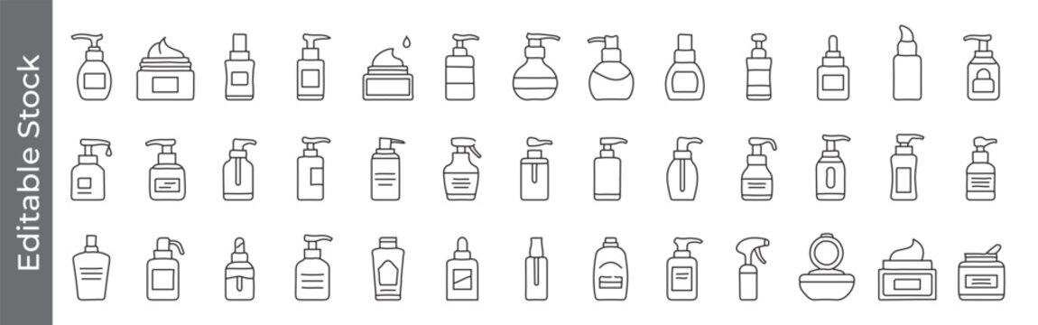 Mega collection of Cosmetic bottle and skincare bottle line icon set &ndash; editable outline symbols of moisturizer, jar, tube, dropper, spray, pump, dispenser, cream, lotion, and beauty container