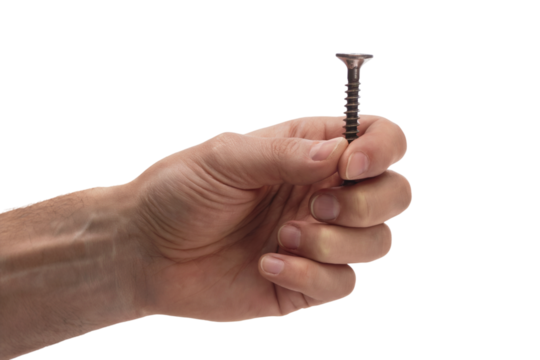 Hand holding a screw . Isolated on transparent background, png