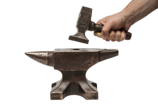 Hammer ready to strike Anvil  . Isolated on transparent background, png