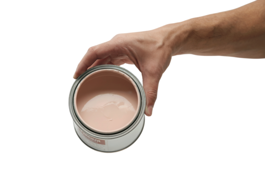Hand holding open paint can, ready to paint . Isolated on transparent background, png