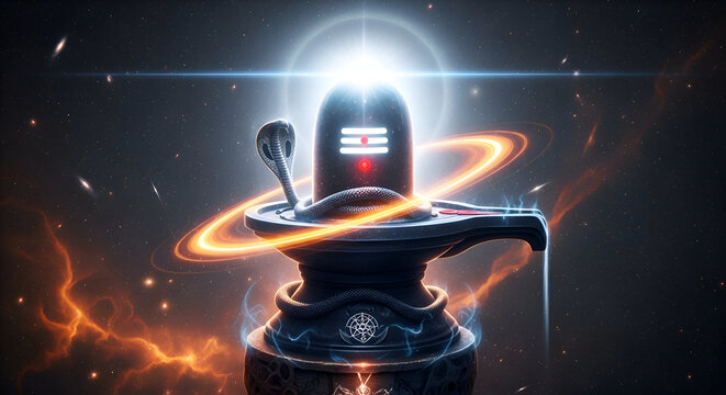 Lord Shiva Lingam in Space Cosmic Background Glowing Ring of Fire Digital Art Mahadev Shankar Bhagwan Divine Power Energy Indian God Hindu Religion Festival Concept Spirituality Snake Cobra