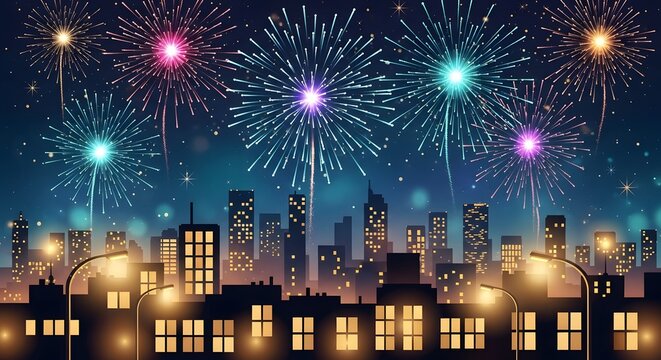 Vibrant fireworks illuminate city skyline at night celebration event - Powered by Adobe