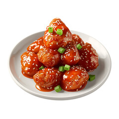 Delicious korean fried chicken with sesame seeds and scallions on a white plate on transparent background