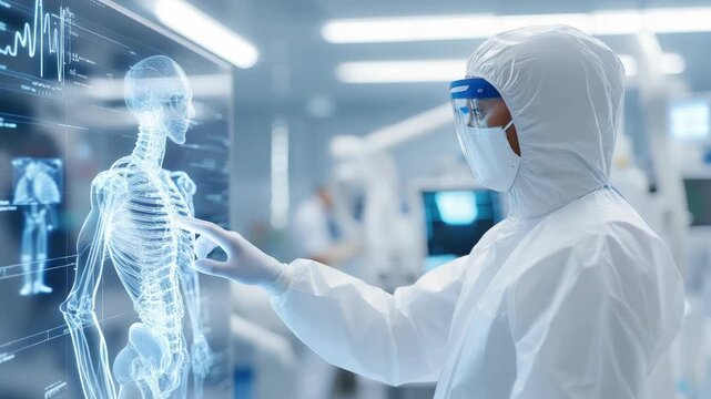 Advanced medical researcher wearing a hazmat suit inspects a holographic touchscreen interface, studying a digital human skeleton, EKG readings, and x ray images in a cutting edge laboratory - Powered by Adobe