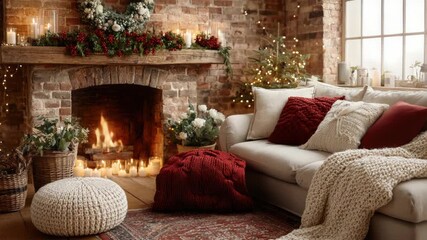 Warm brick fireplace crackles in a cozy living room with a comfy couch, festive pillows, glowing candles and a decorated Christmas tree creating a peaceful holiday ambiance