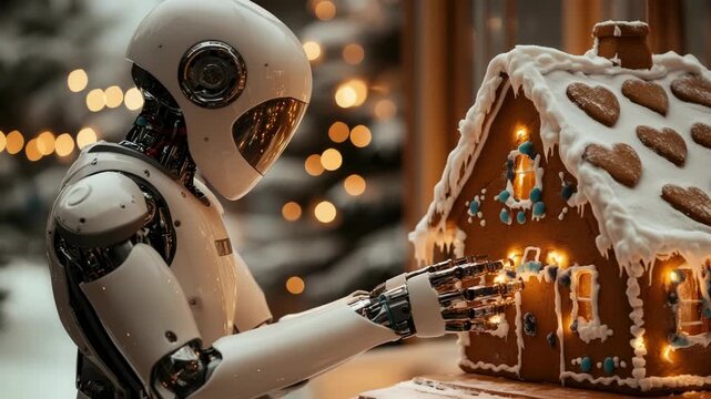 Advanced humanoid robot assembling a festive gingerbread house, mixing traditional holiday baking with precision AI and warm bokeh lights for a cozy, futuristic scene