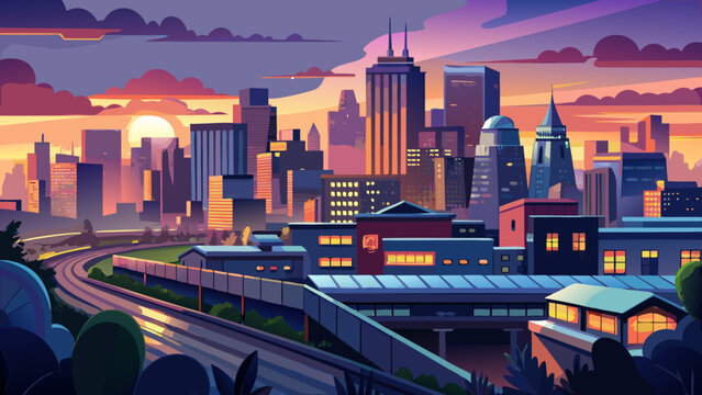 Very beautiful dusk settling over the urban downtown metro area of Newark, New Jersey, with softly glowing buildings, atmospheric evening light, and a calm cityscape transitioning into night.