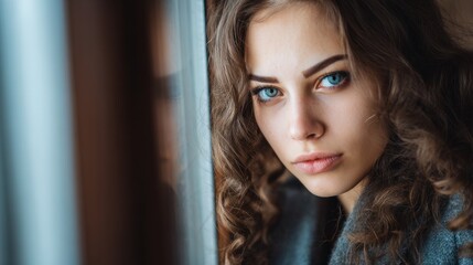 Close-up of a young woman with curly hair gazing thoughtfully out of a window