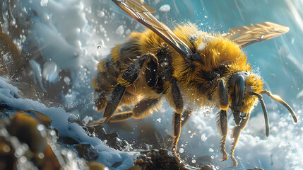 Close Up of a Bee Emerging from Water Splash