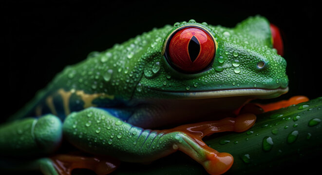 Macro portrait of a wet red-eyed tree frog on a leaf with a dark background - Powered by Adobe