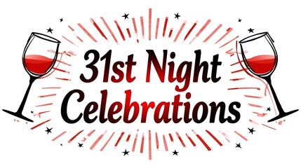 31st night celebration poster with wine glasses and fireworks design, creative 31st night celebration typography art with red wine illustration, festive 31st night celebration graphic for new ... See 