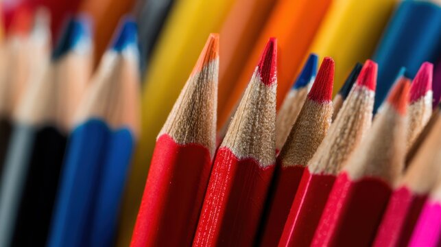 Colorful array of sharpened colored pencils ready for artistic creation in a warm workspace