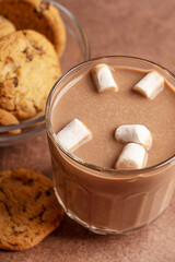 Close up view of sweet hot chocolate or homemade cocoa drink decorated with sugar marshmallows served in glass mug with freshly baked cookies on brown table as dessert for cozy winter holidays