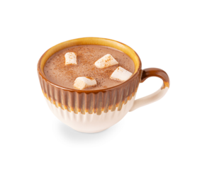Cozy hot chocolate or sweet cocoa drink garnished with sugar marshmallows served in one rustic craft mug or cup isolated on white background prepared as homemade dessert for comfortable breakfast
