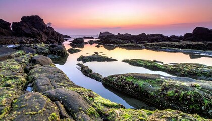 A serene coastal landscape at sunset, featuring dark, moss-covered rocks and calm tidal pools reflecting the vibrant colors of the sky.
