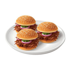 Delicious pulled pork sliders recipe on a white plate for food photography use on transparent background