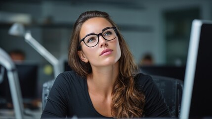 Young woman with glasses thinking thoughtfully at modern office desk during work hours in a tech environment