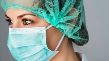 Medical professional wearing face mask and surgical cap looking sideways with focus on eyes healthcare and protection concept - Powered by Adobe