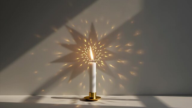 white candle with glowing golden flame casting star-shaped shadow on wall, surreal minimal festive design