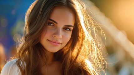 Young woman with long hair smiling softly in golden sunlight at an outdoor setting during golden hour