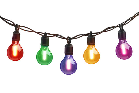 String of five glowing multicolored light bulbs in red, green, purple, yellow, and magenta on a transparent background