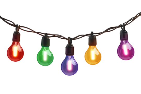 String of five glowing multicolored light bulbs in red, green, purple, yellow, and magenta on a transparent background