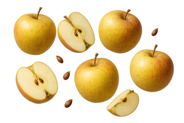 Yellow apples falling, whole and sliced, with visible seeds on transparent background, symbolizing healthy eating