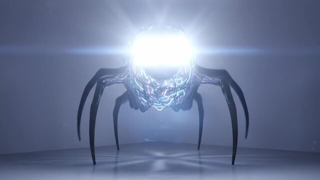 Mysterious spider-like alien robot with glowing energy. Futuristic sci-fi creature animation. Otherworldly technology and artificial intelligence concept
