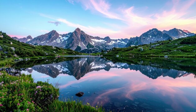 A tranquil mountain lake perfectly mirrors jagged, snow-dusted peaks and a sky painted with soft pink and blue hues during sunrise.