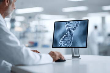 Scientist analyzing DNA structure on computer. Represents research, biotechnology, medicine, and genetics. Ideal for science and healthrelated content.