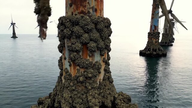 Barnacle covered offshore wind turbine foundations with rusting metal in calm water, presenting nature and machine symbiosis footage.