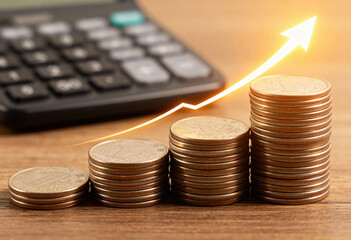 Stacked coins forming growing graph with calculator in background illustrating financial gain and increasing gross domestic product