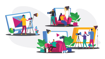 Cartoon influencers creating video reviews in a cozy home studio showcasing products and engaging with their audience for online content creation and social media marketing