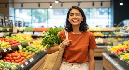 Smiling woman shopping for fresh produce at a grocery store, holding a reusable bag full of vegetables and herbs, promoting healthy eating